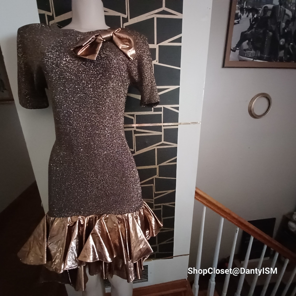 Sparkling Gold Metallic Dress with Bow and Ruffle Hem